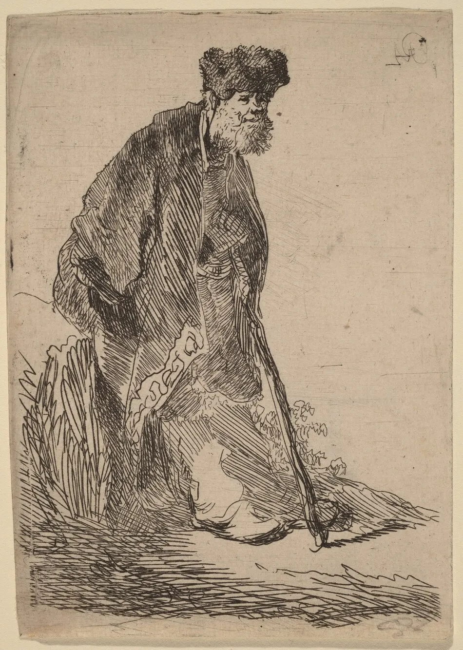 Man in a Coat and Fur Cap Leaning against a Bank by Rembrandt van Rijn