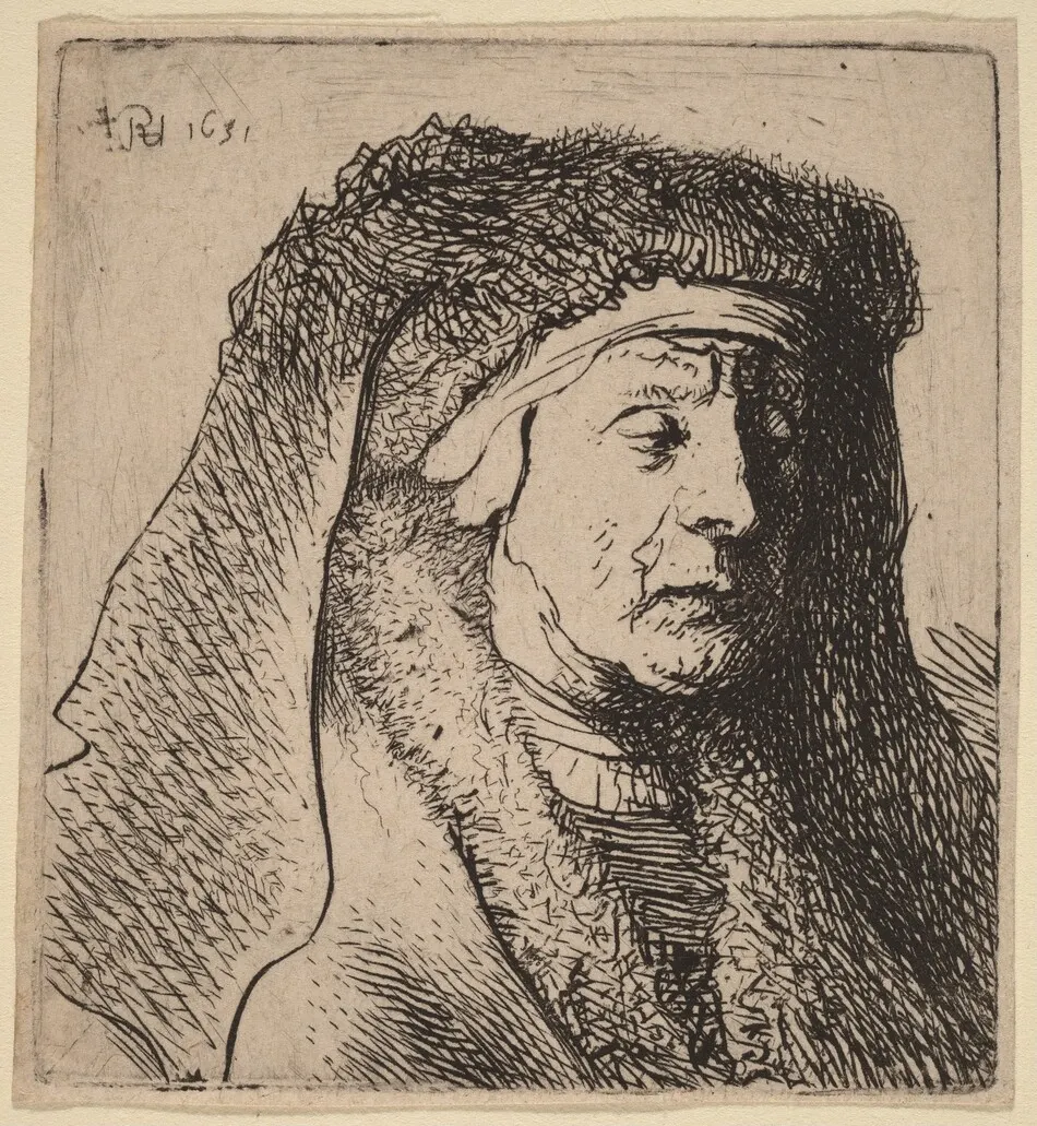 Bust of an Old Woman in a Furred Cloak and Heavy Headdress by Rembrandt van Rijn