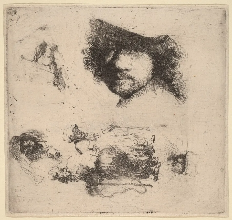 Sheet of Studies including Head of the Artist, a Beggar Couple, Heads of an Old Man and Old Woman by Rembrandt van Rijn