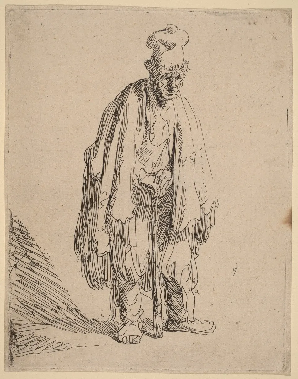 Beggar in a High Cap, Standing and Leaning on a Stick by Rembrandt van Rijn