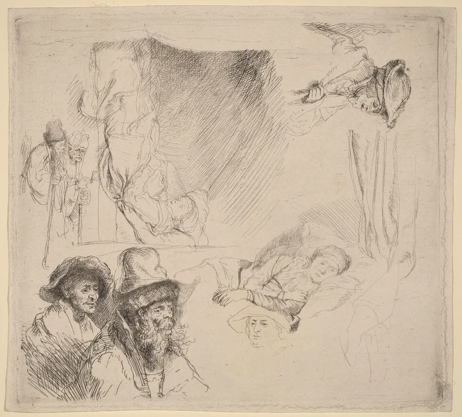 Sheet of Studies including a Woman Lying Ill in Bed by Rembrandt van Rijn