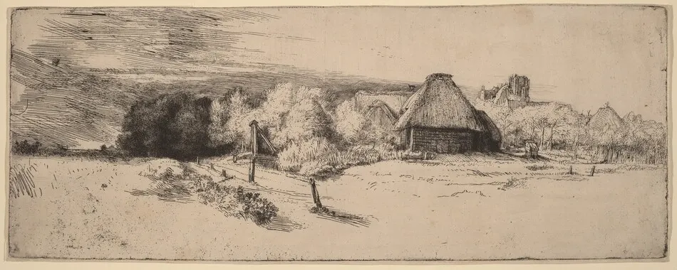Landscape with Trees, Farm Buildings and a Tower by Rembrandt van Rijn