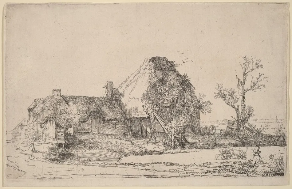 Cottages and Farm Buildings with a Man Sketching by Rembrandt van Rijn