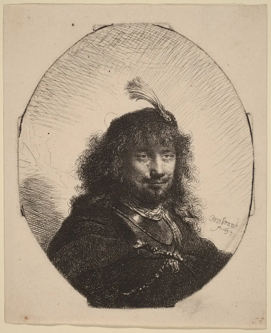Self-Portrait (?) with Plumed Cap and Lowered Sabre by Rembrandt van Rijn