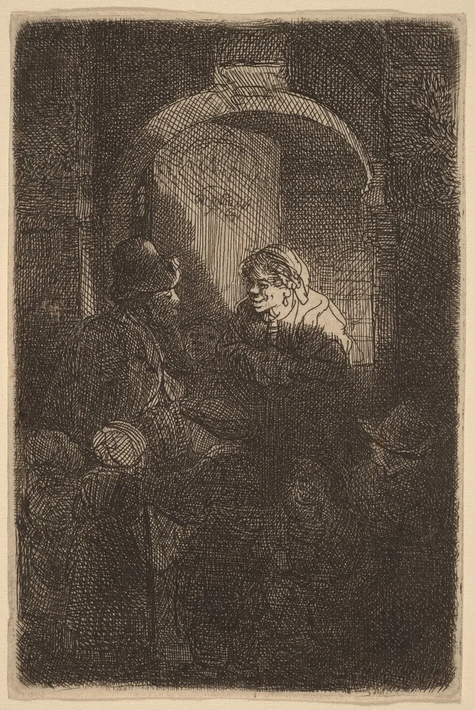 Woman at a Door Hatch Talking to a Man and Children (The Schoolmaster) by Rembrandt van Rijn