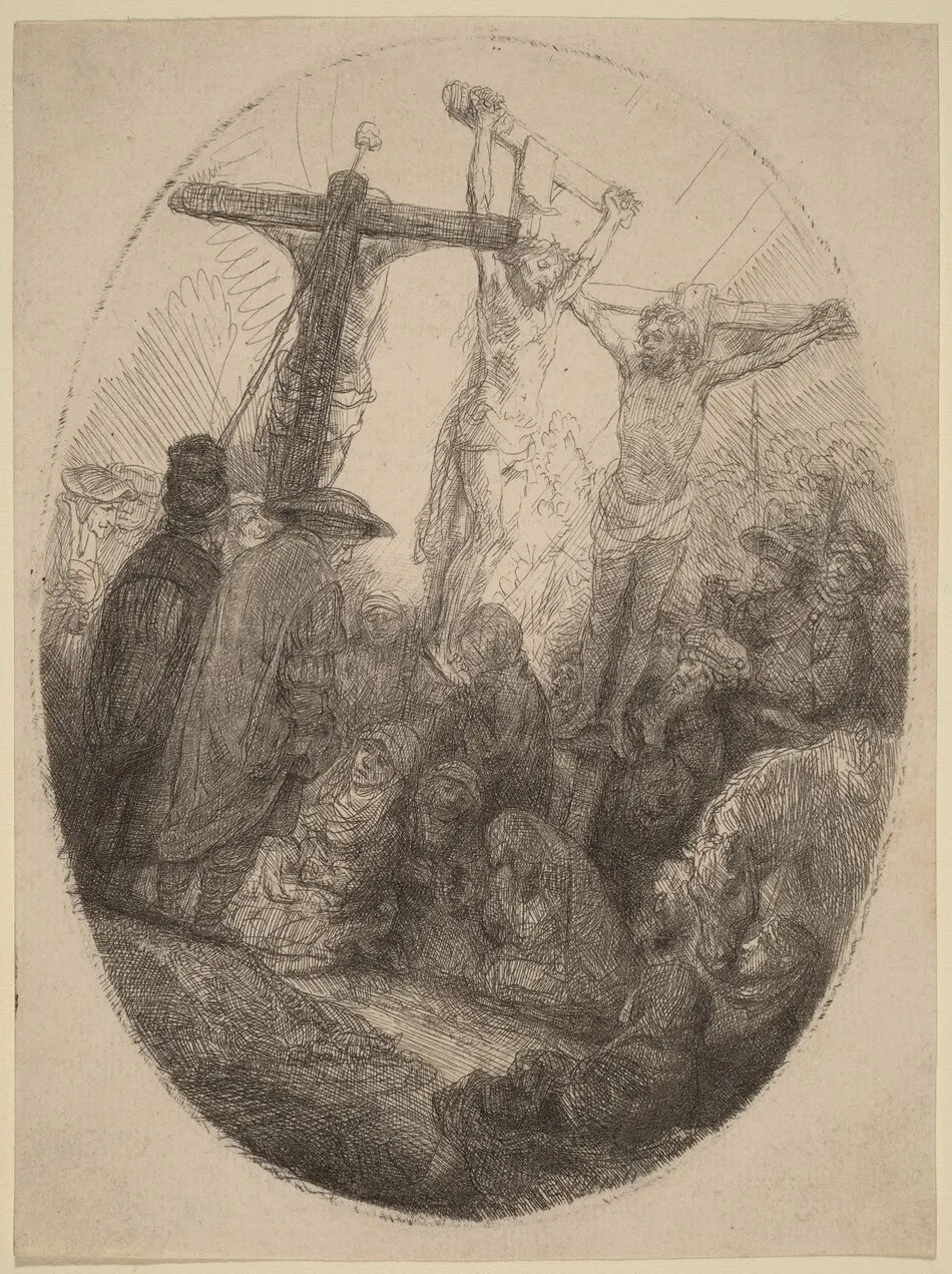 Christ Crucified between the Two Thieves: an Oval Plate by Rembrandt van Rijn
